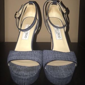 Jimmy Choo denim and snake skin platform heel